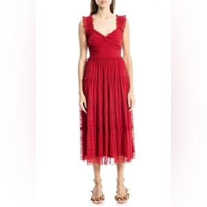 Max Studio Red Sweetheart Ruched Midi Dress